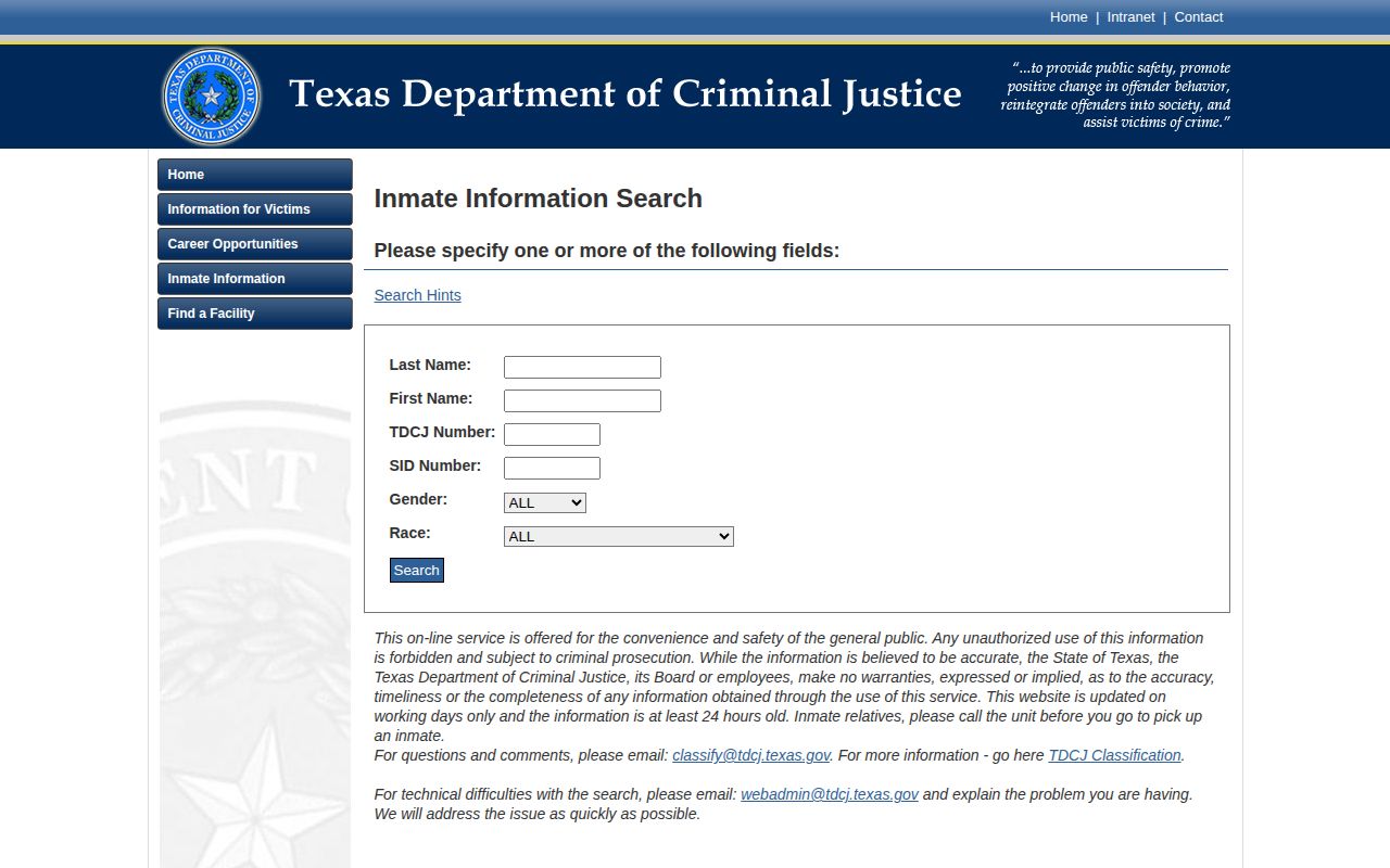 TDCJ search fields for Jefferson County released inmate records