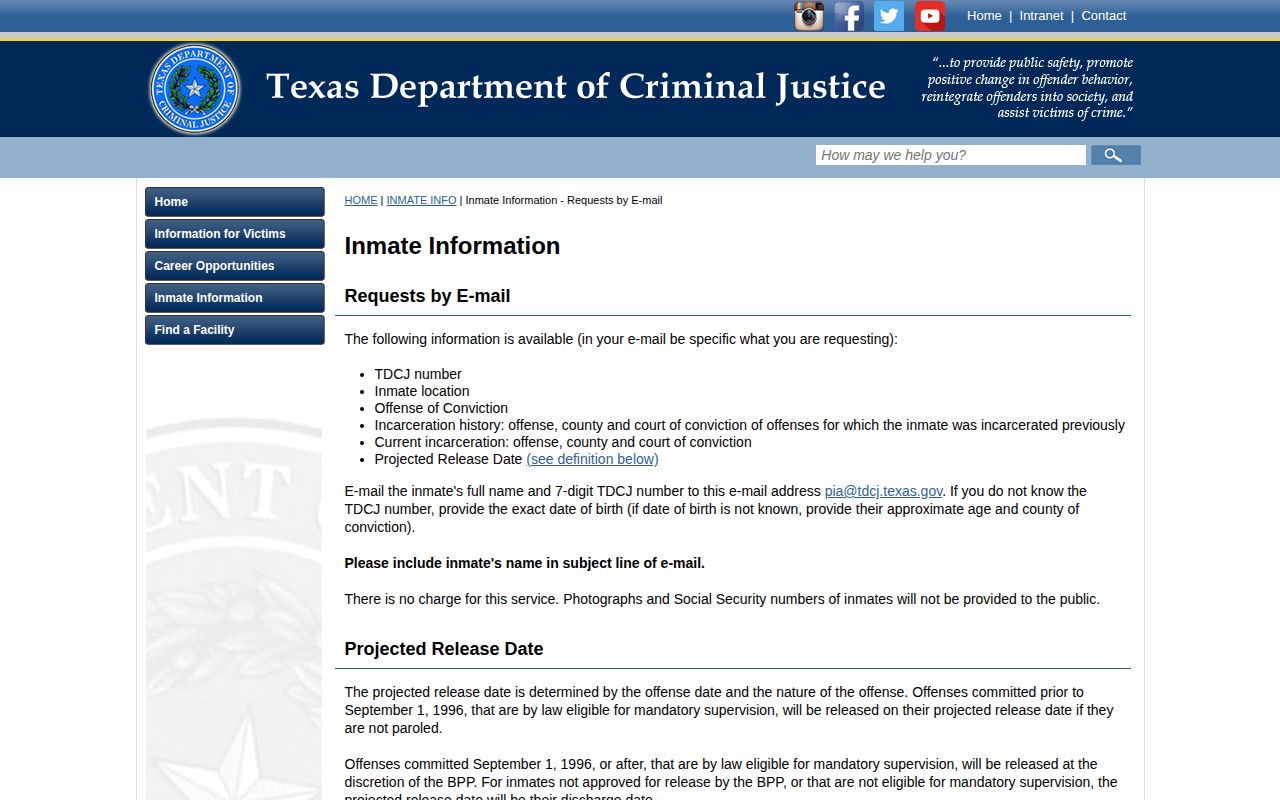 TDCJ information fields for a Jefferson County projected release date
