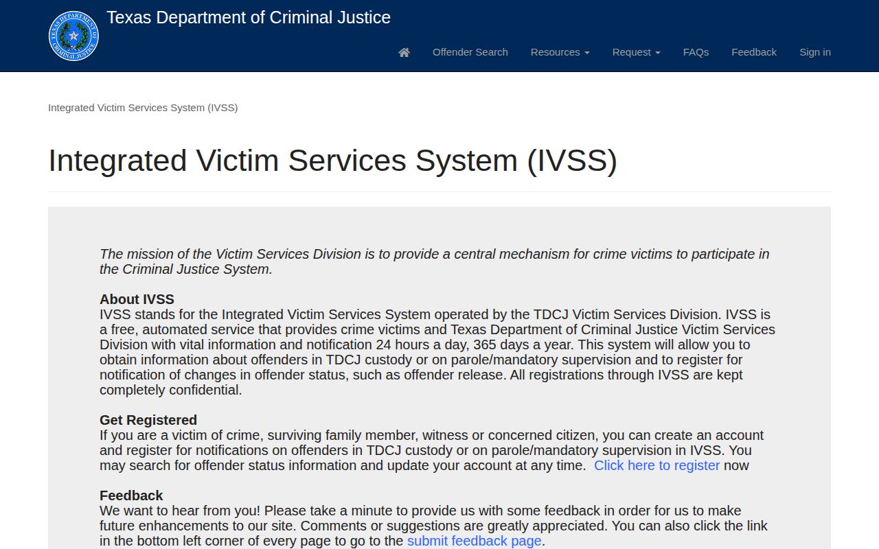 TDCJ IVSS screen for Jefferson County state release notifications