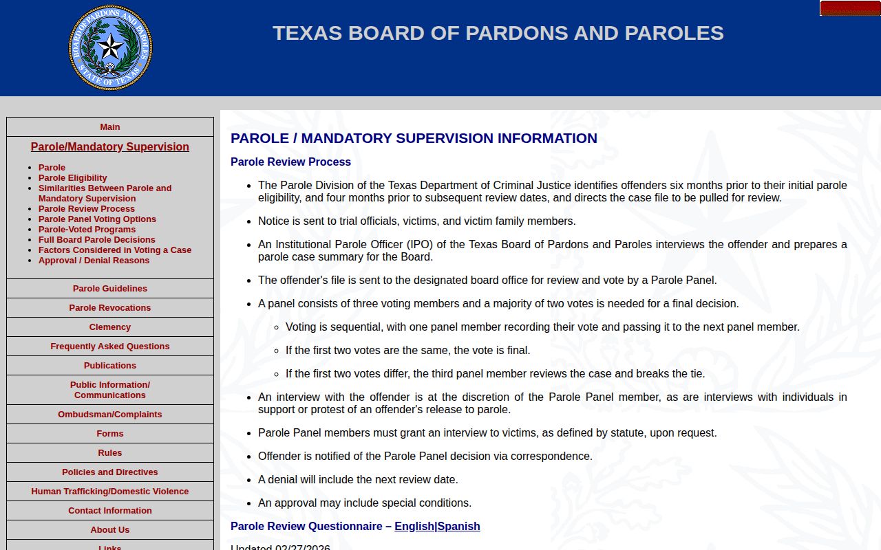 Texas parole review stages for Jefferson County parole records