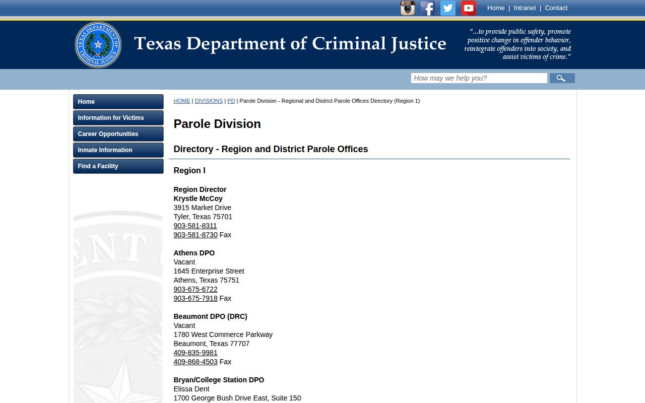 Beaumont office listing for Jefferson County parole supervision